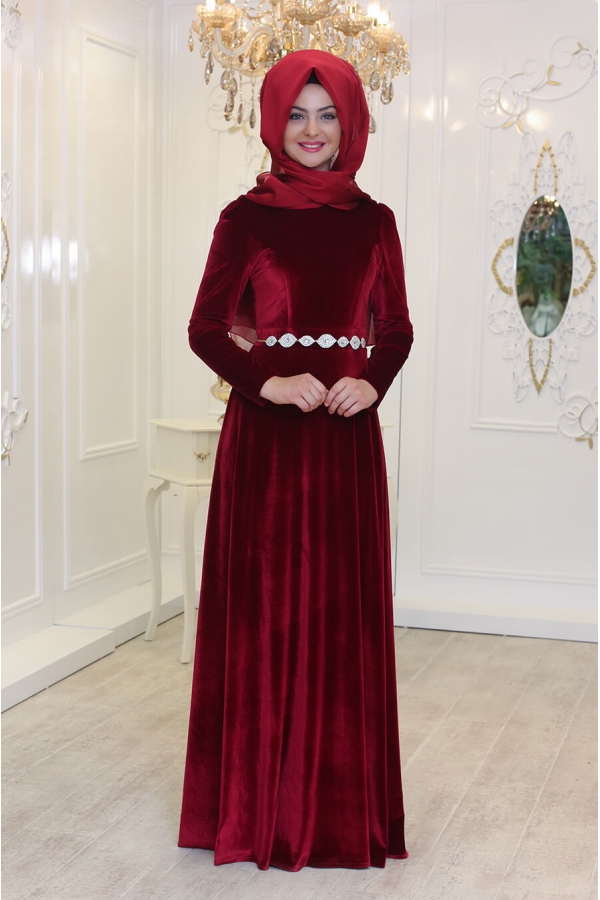 Kadife Elbise - Bordo - Pınar Şems