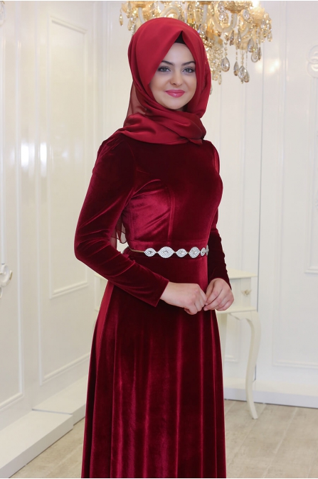 Kadife Elbise - Bordo - Pınar Şems