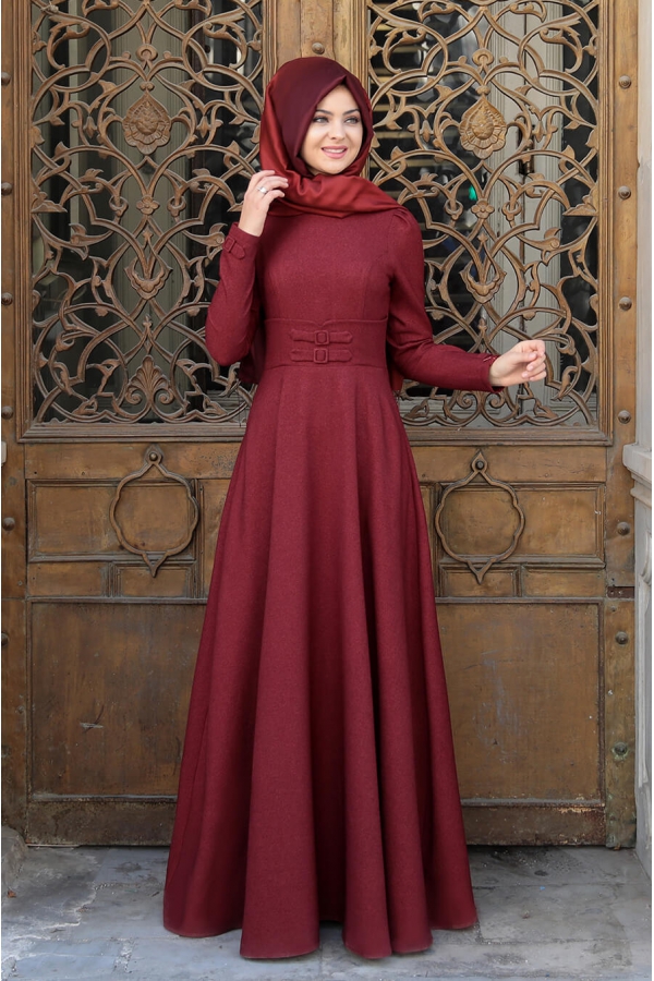 Korsajlı Elbise - Bordo - Pınar Şems