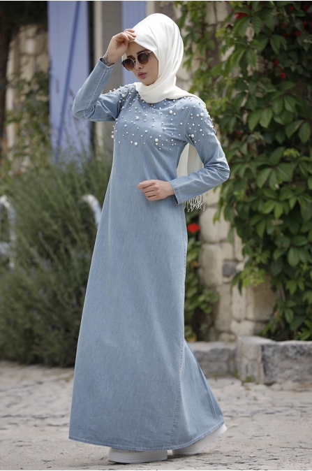 Piennar - İncili Kot Elbise - Açık Mavi