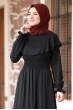 Nazar Pelerinli Beli Büzgülü Tesettür Elbise - Siyah