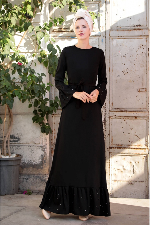 İnci Çakma Elbise - Siyah - Selma Sarı