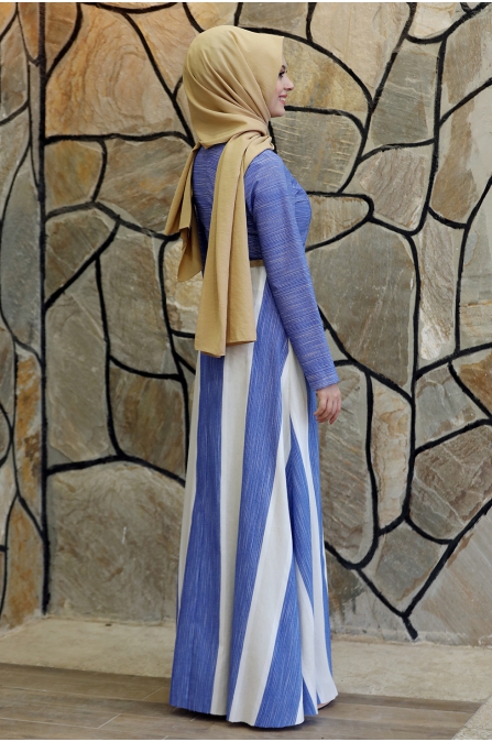 Ebru Kemerli Tesettür Elbise  - Mavi