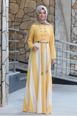 Ebru Kemerli Tesettür Elbise  - Sarı