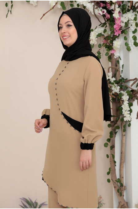 Alya Tunik Pantolon Tesettür Takım - Camel