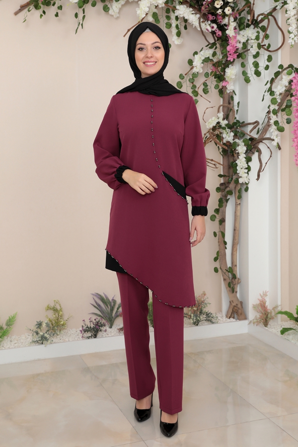 Alya Tunik Pantolon Tesettür Takım - Mürdüm