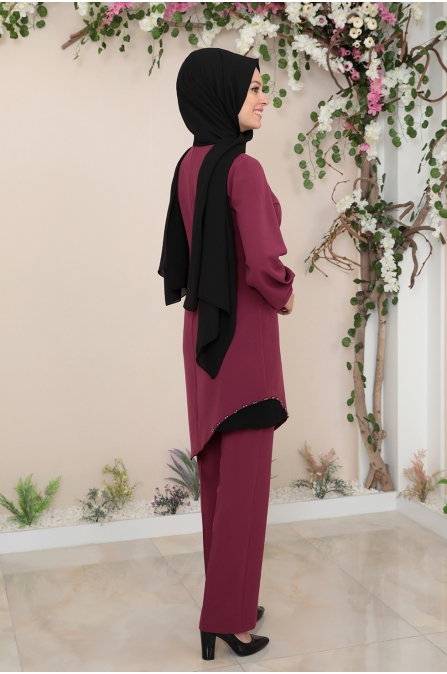 Alya Tunik Pantolon Tesettür Takım - Mürdüm