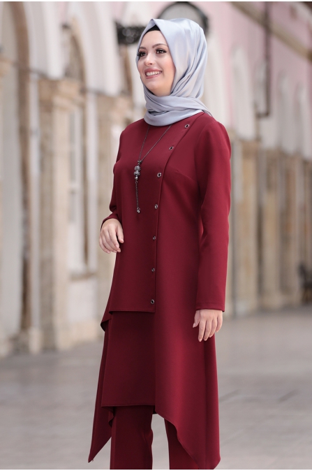 Büşra Tunik Pantolon Tesettür Takım - Bordo