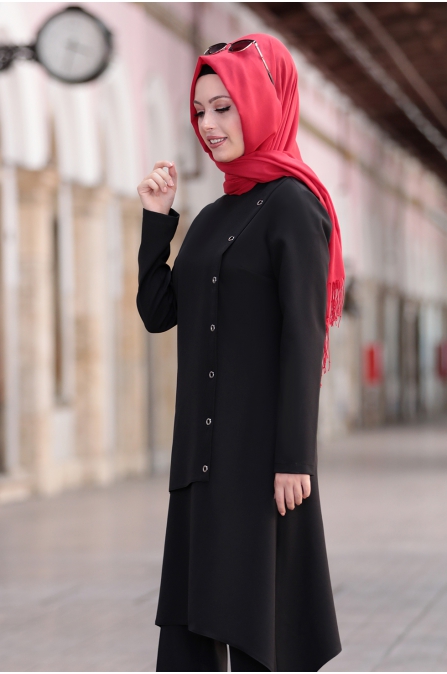 Büşra Tunik Pantolon Tesettür Takım - Siyah