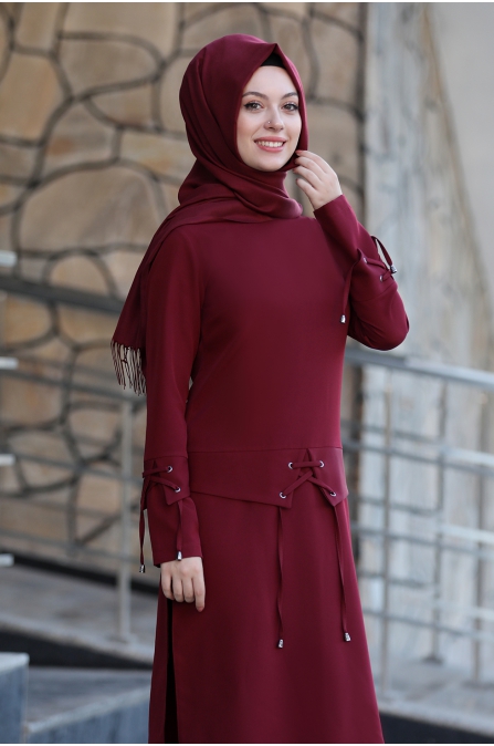 Merve Tunik Pantolon Tesettür Takım - Bordo