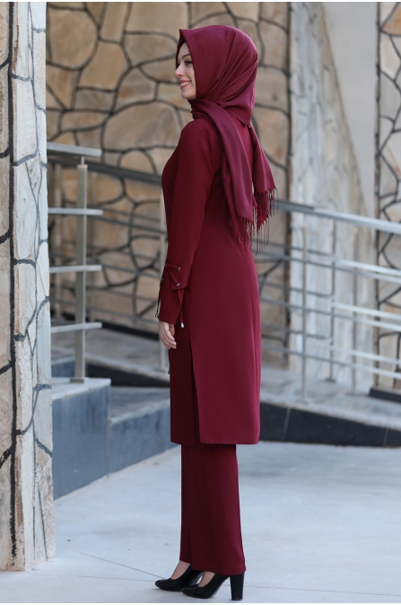 Merve Tunik Pantolon Tesettür Takım - Bordo