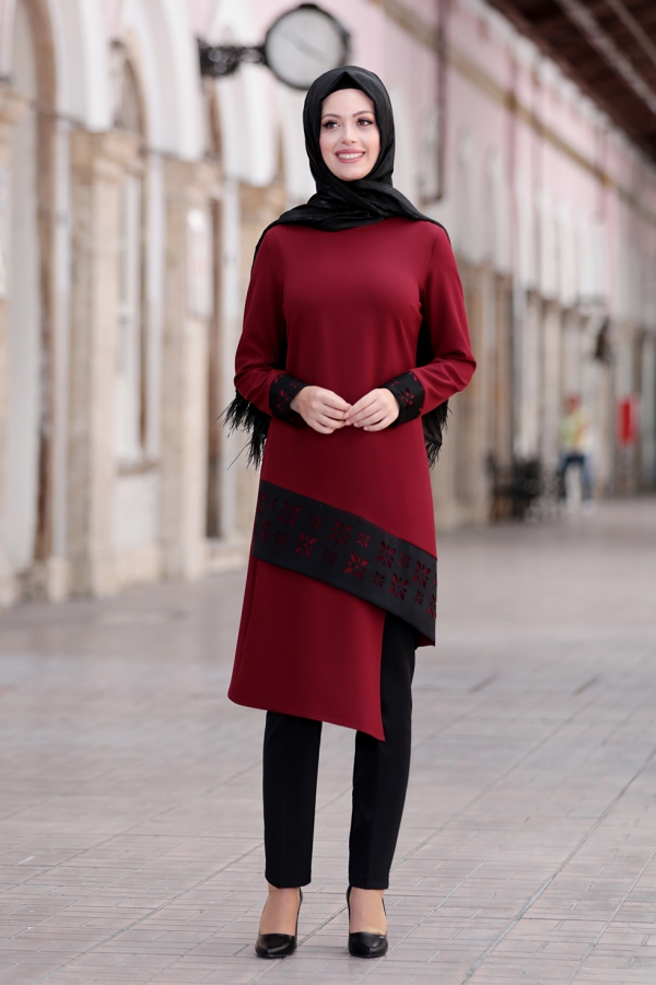 Şebnem Tunik Pantolon Tesettür Takım - Bordo