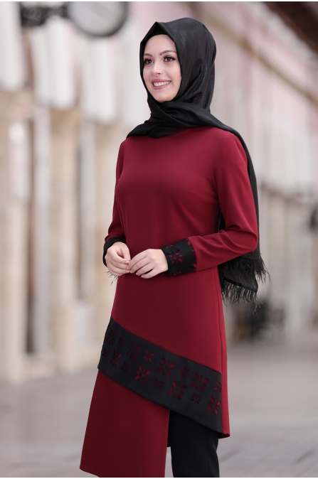 Şebnem Tunik Pantolon Tesettür Takım - Bordo