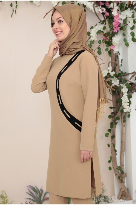 Suna Tunik Pantolon Tesettür Takım - Camel