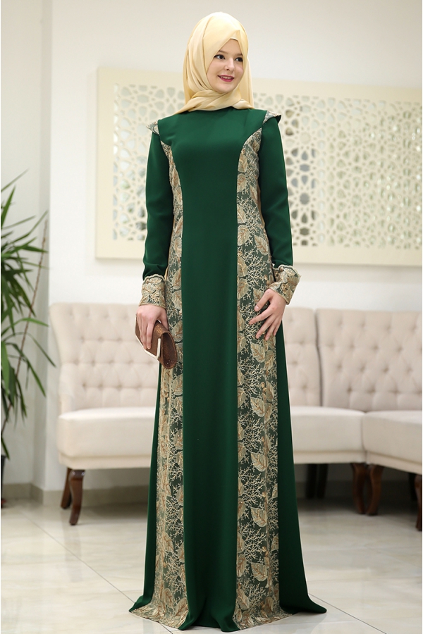 Burc Zümrüt Yeşil Tesettür Abiye - Som Fashion