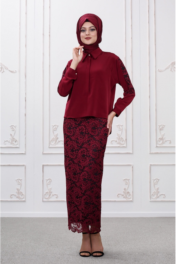 Etek Bluz Takım - Bordo - Som Fashion