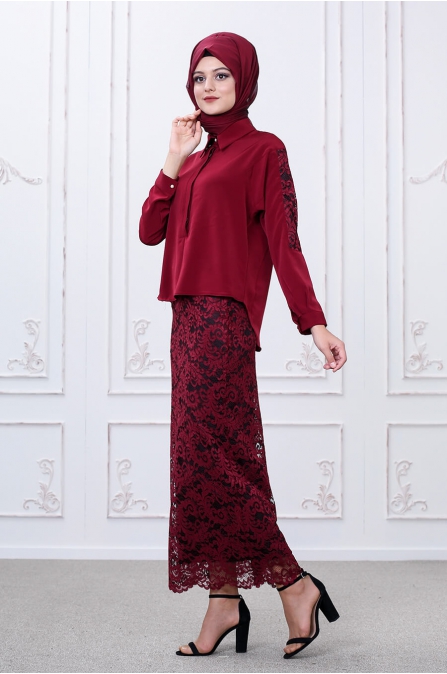 Etek Bluz Takım - Bordo - Som Fashion