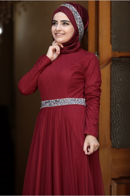 Sümay - Taşlı Roza Abiye - Bordo