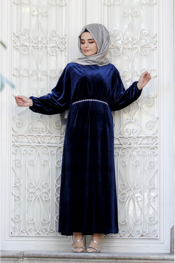 Yarasa Kollu Kadife Elbise - Lacivert - Sümay Moda