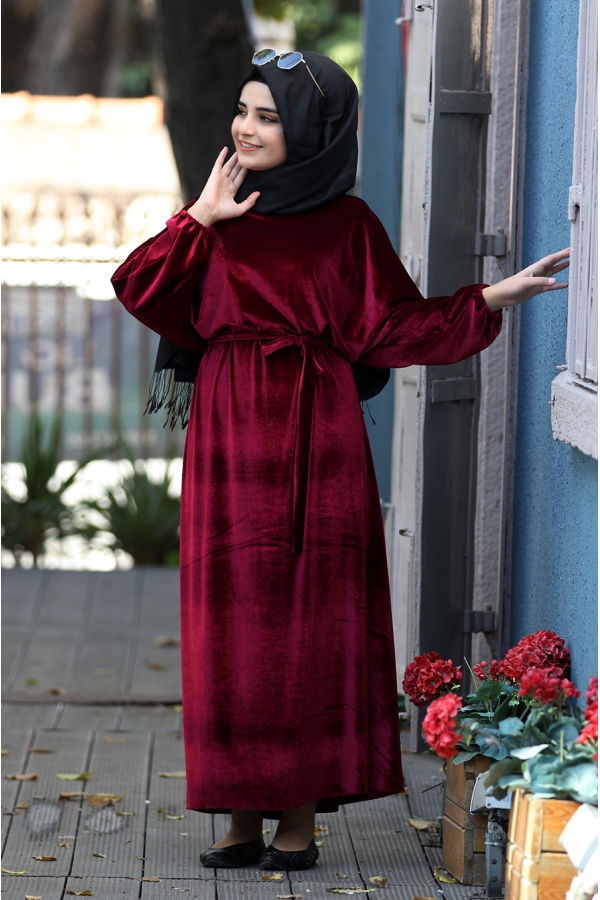Yarasa Kadife Elbise - Bordo - Sümay Moda