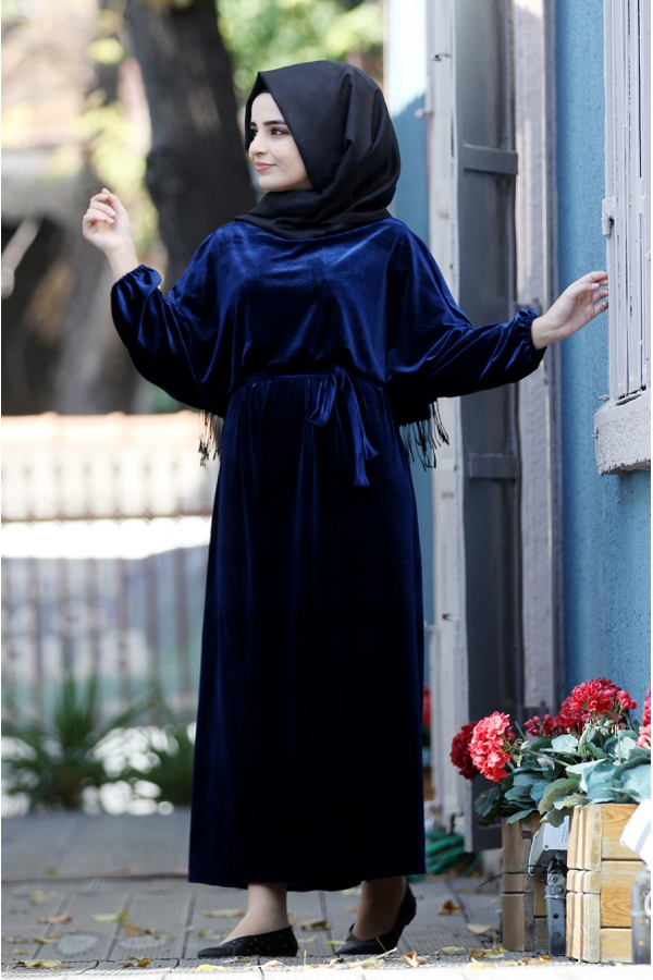 Yarasa Kadife Elbise - Lacivert - Sümay Moda