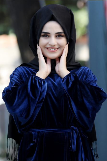 Yarasa Kadife Elbise - Lacivert - Sümay Moda