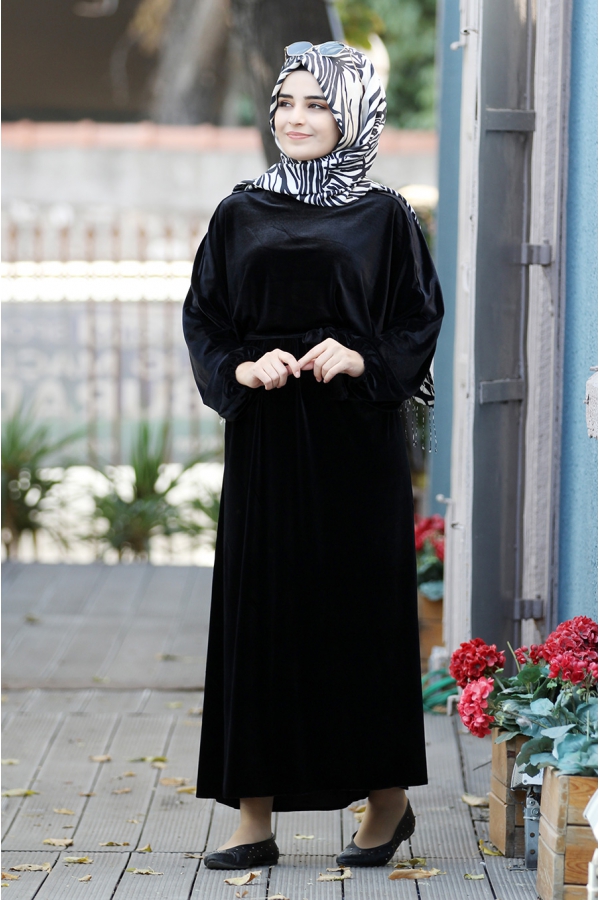 Yarasa Kadife Elbise - Siyah - Sümay Moda