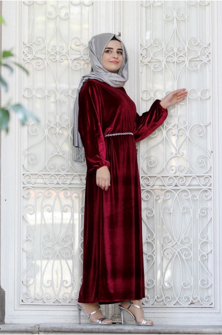 Yarasa Kollu Kadife Elbise - Bordo - Sümay Moda