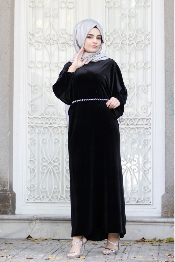 Yarasa Kollu Kadife Elbise - Siyah - Sümay Moda
