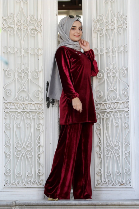 Kadife ikili Takım - Bordo - Sümay Moda