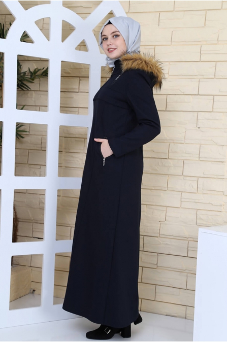Leyla Kapşonlu Kaşe Kaban - Lacivert