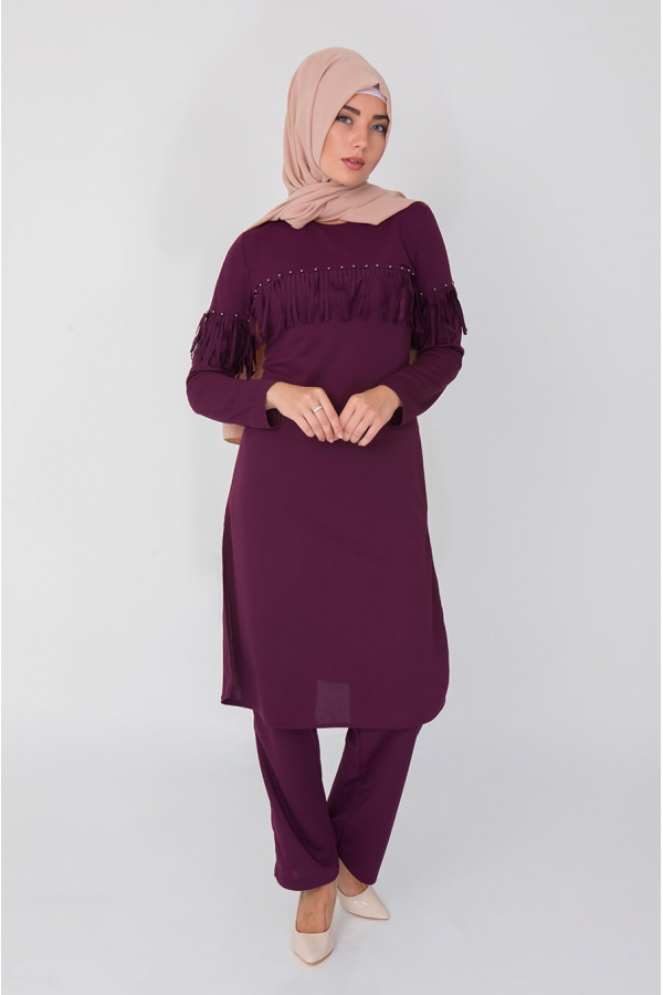 Püsküllü Tunik Pantolon Takım - Mürdüm