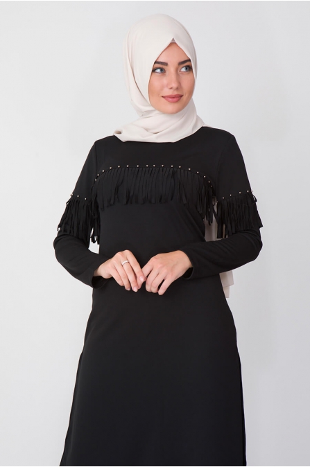 Püsküllü Tunik Pantolon Takım - Siyah