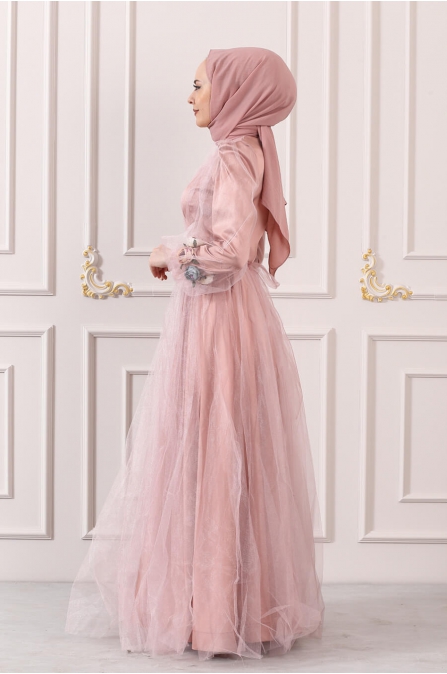 Kolları Çiçekli Tül Abiye - Pudra