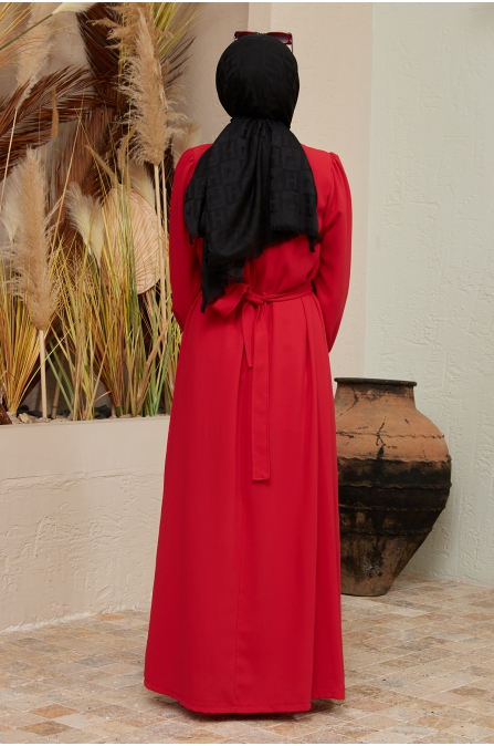 Balon Kol Kuşaklı Krep Elbise - Kırmızı