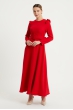 Omuz Fırfırlı Kemerli Elbise - Kırmızı
