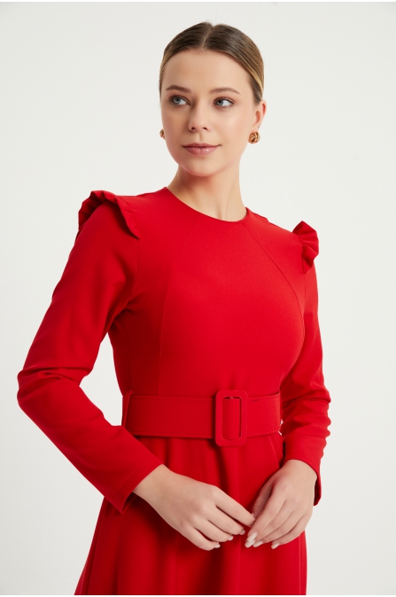 Omuz Fırfırlı Kemerli Elbise - Kırmızı