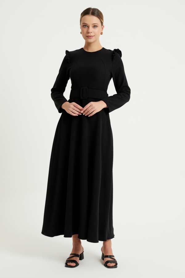 Omuz Fırfırlı Kemerli Elbise - Siyah