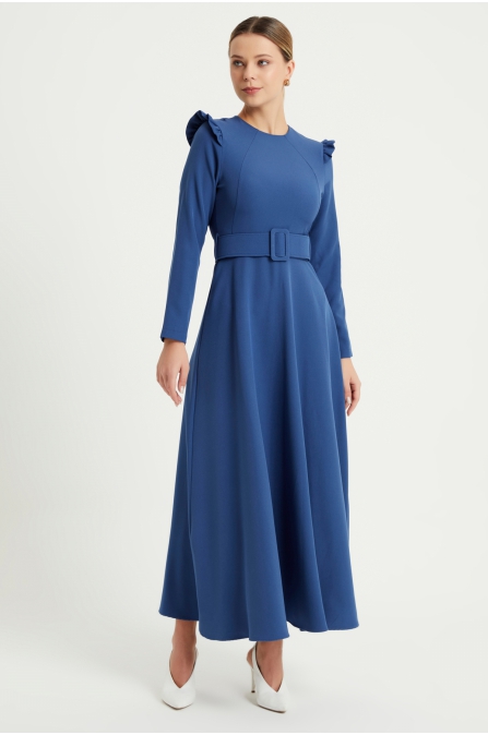 Omuz Fırfırlı Kemerli Elbise - İndigo
