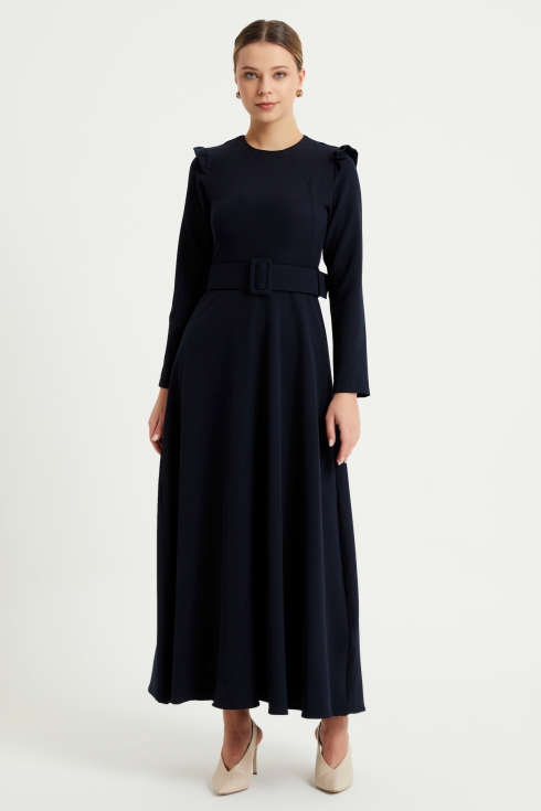 Omuz Fırfırlı Kemerli Elbise - Lacivert