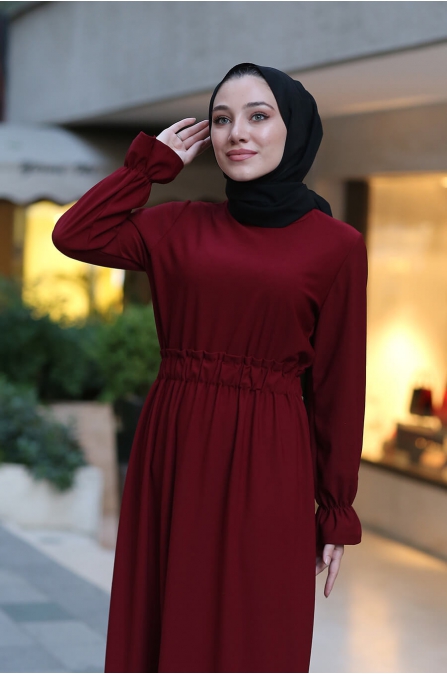 Beli Lastikli Tesettür Elbise - Bordo