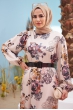 Kemerli Saten Elbise - Bej
