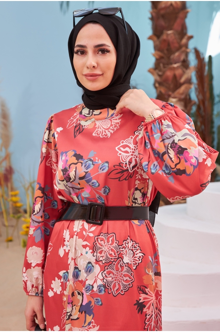 Kemerli Saten Elbise - Kiremit