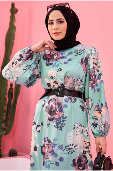 Kemerli Saten Elbise - Mint