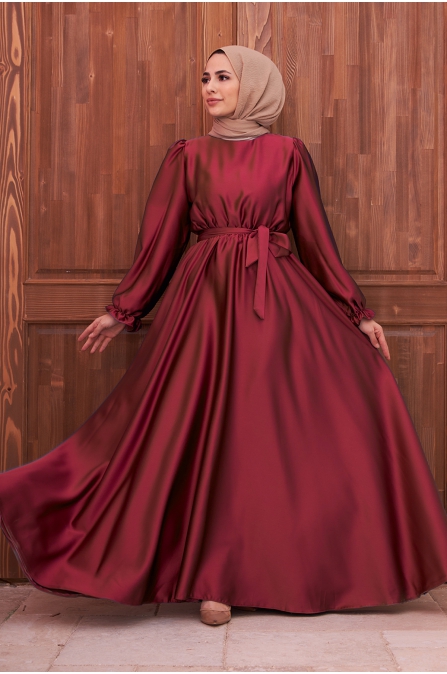 Kuşaklı Saten Elbise - Bordo