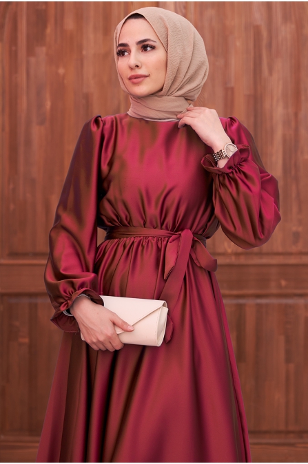 Kuşaklı Saten Elbise - Bordo