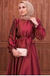 Kuşaklı Saten Elbise - Bordo