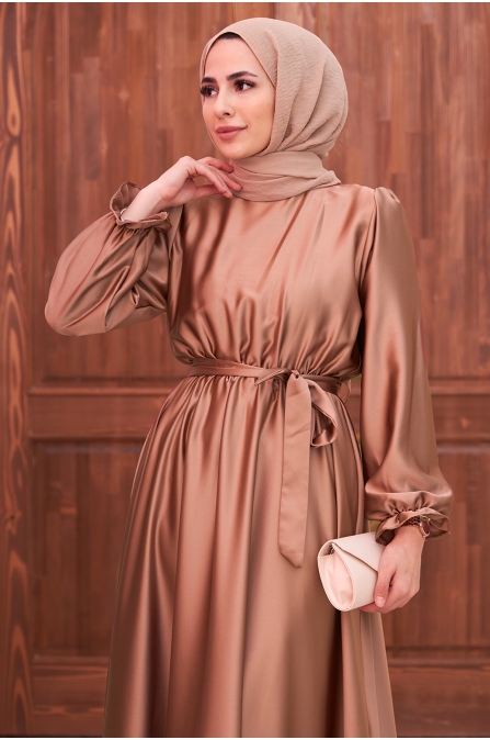 Kuşaklı Saten Abiye Elbise - Gold