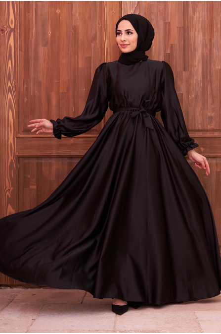 Kuşaklı Saten Abiye Elbise - Siyah