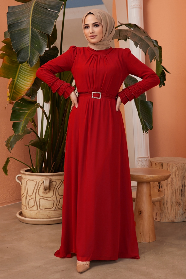 Taş Kemerli Elbise - Kırmızı